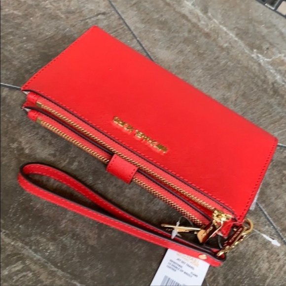Michael Kors Large Double Zip Wristlet Leather Flame Color - Picture 2 of 16
